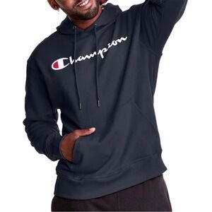Champion Classic Logo Hoodie Navy Blue Pullover Sweatshirt Size XL Cotton Men's